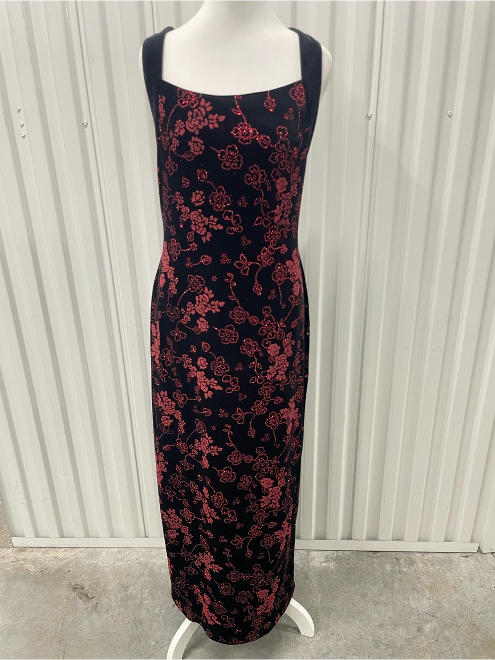 Vintage Black Velvet Floral Embroidered Maxi Slip Dress 6 Vamp Whimsigoth Formal